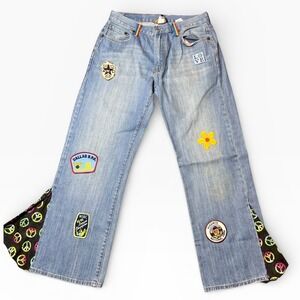 Lucky Brand Duke Straight Leg Patchwork Peace Sign Denim Jeans 32x29.5 Pride